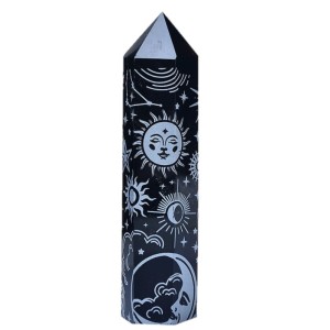 Obsidian Black Star Moon Engraved Symbols Wand (Silver) 70mm